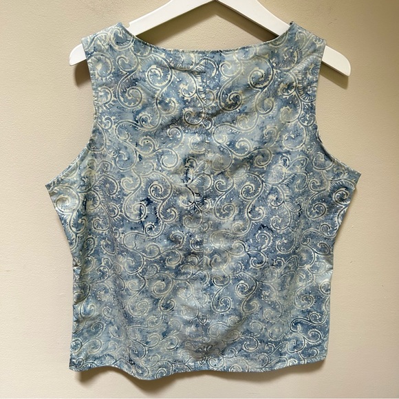 Wild Iris~Watercolor Hand Crafted Sleeveless Artsy Blue Scrolls Cotton Large Top - Picture 8 of 10